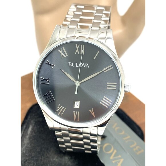 Bulova Men’s Watch 96B261 Silver Stainless Steel Gray Dial Roman Numerals 40mm - Picture 1 of 14